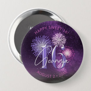 Badge Rond 10 Cm Fireworks Sweet 16 Purple ID984
