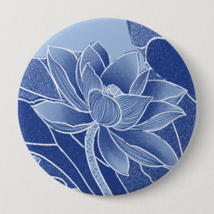 Badge Rond 10 Cm Fleurs Bleues Élégantes Chinoiserie Lotus Mandala