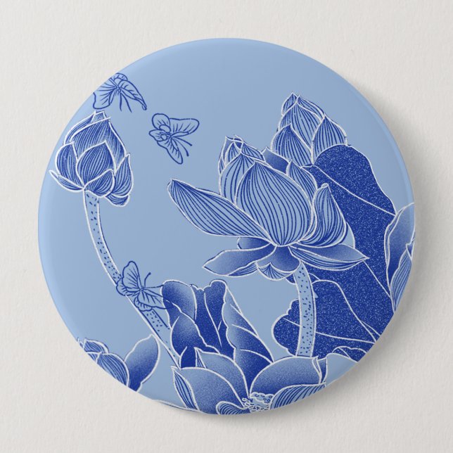 Badge Rond 10 Cm Fleurs Bleues Élégantes Chinoiserie Lotus Mandala (Devant)