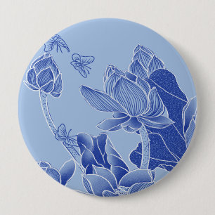 Badge Rond 10 Cm Fleurs Bleues Élégantes Chinoiserie Lotus Mandala