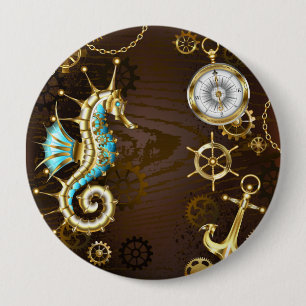 Badge Rond 10 Cm Fond en bois avec hippocampe mécanique