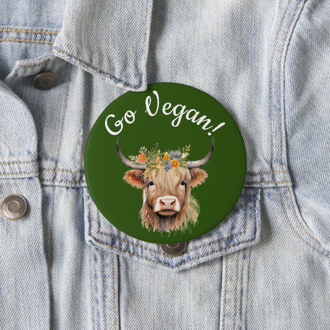 Badge Rond 10 Cm Go Vegan Animal Rights Cow (En situation)