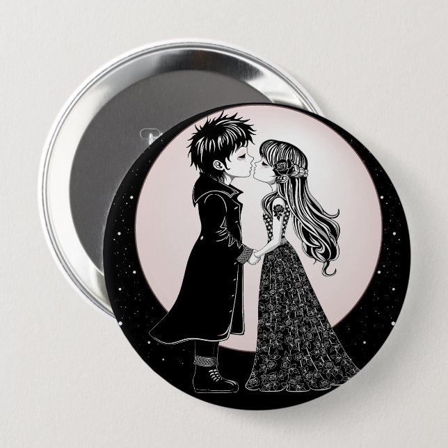 Badge Rond 10 Cm Gothique Emo Enfants Kiss Valentine's Day (Devant & derrière)