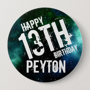 Badge Rond 10 Cm GRANDE Galaxie Bleu Vert Personnalisé Anniversaire