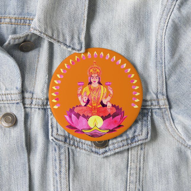 Badge Rond 10 Cm Happy Diwali - Deepalavi Lakshmi Goddess 1 (En situation)