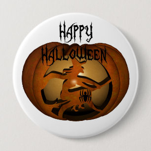 Badge Rond 10 Cm Happy Halloween Citrouille sculpté