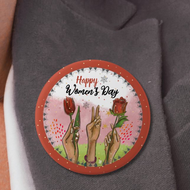 Badge Rond 10 Cm Happy Women's Day Red Button Hands Holding Tulips (Happy Women's Day Red Button Hands Holding Tulips)