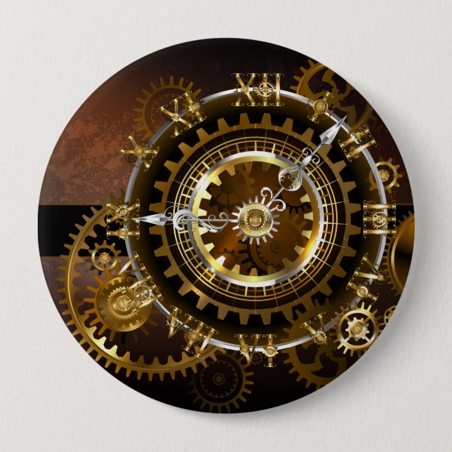 Badge Rond 10 Cm Horloge Steampunk avec des engrenages anciens (Devant)