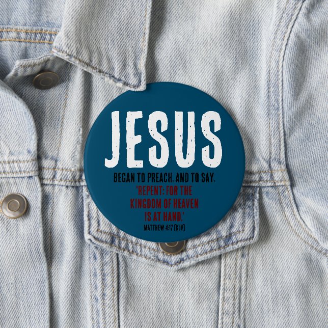 Badge Rond 10 Cm Jésus Commença À Prêcher. Matthieu 4:17 Océan Bleu (En situation)