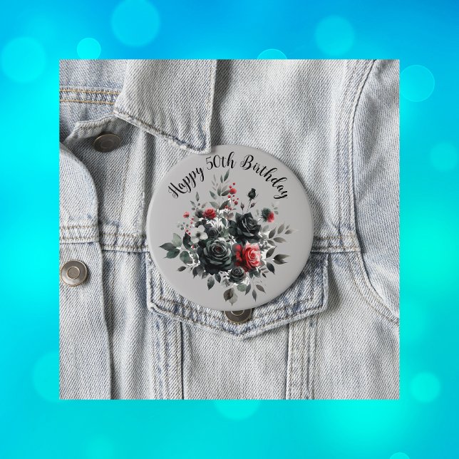 Badge Rond 10 Cm Joyeux 50e anniversaire Roses rouge et noir | (Créateur téléchargé)