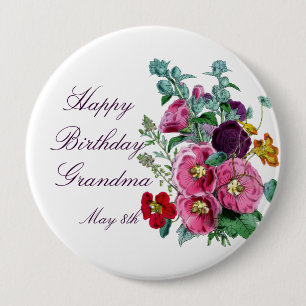 Badge Rond 10 Cm Joyeux anniversaire Hollyhocks  