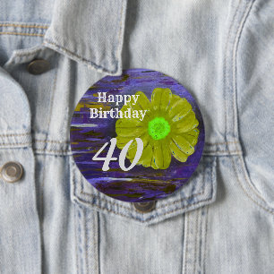 Badge Rond 10 Cm Joyeux anniversaire violet/vert Fleur Anniversaire