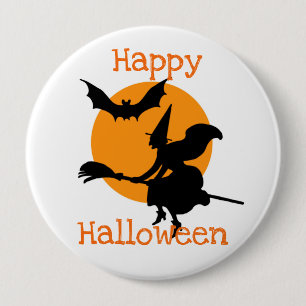Badge Rond 10 Cm Joyeux Halloween volant sorcière et chauve-souris