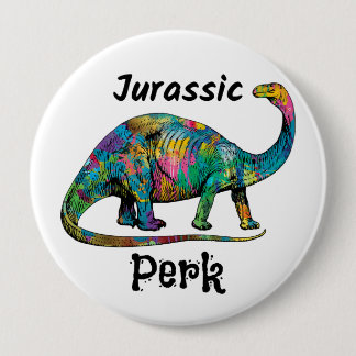 Badge Rond 10 Cm Jurassic Perk Dinosaure Coloré Blanc