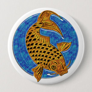 Badge Rond 10 Cm Koi d'or dans l'étang en verre bleu