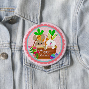 Badge Rond 10 Cm Lapin de Pâques joyeux - Lapin mignon et panier de