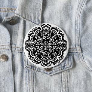 Badge Rond 10 Cm Mandala noir et blanc