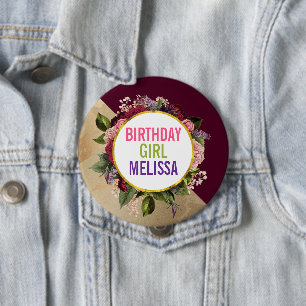 Badge Rond 10 Cm Marbre d'or et fleurs de Bourgogne Fille d'anniver