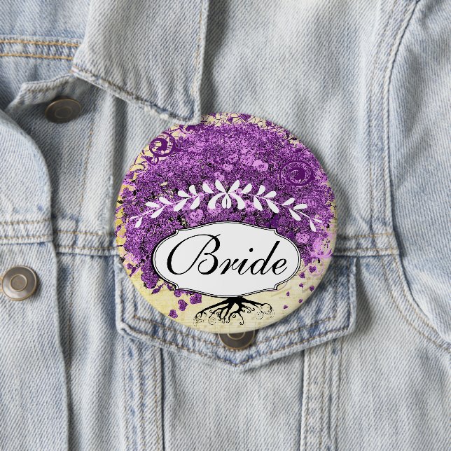 Badge Rond 10 Cm Mariage de feuille d'arbre de coeur violet radiant (En situation)