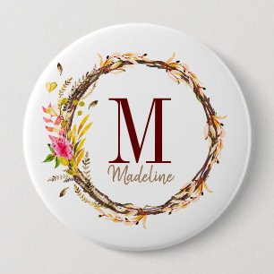 Badge Rond 10 Cm Monogramme floral personnalisable Volage d'automne