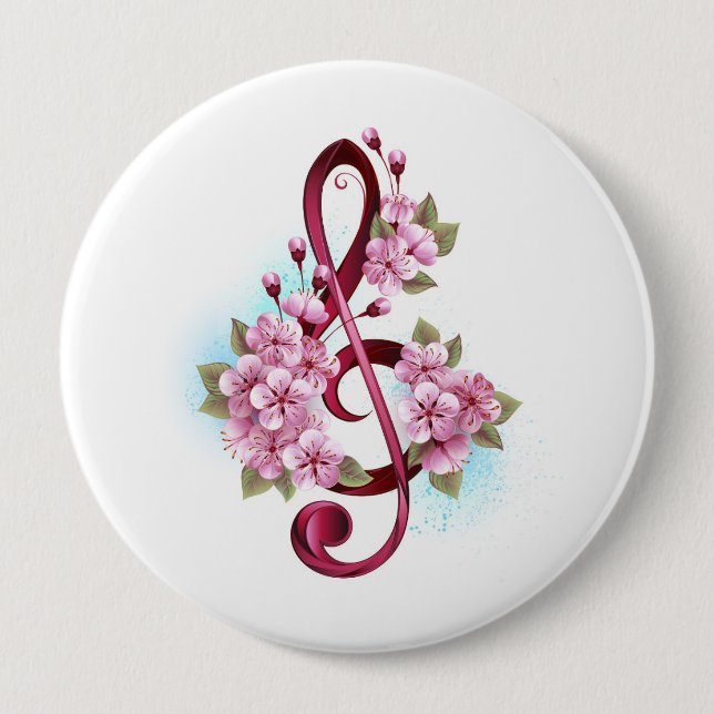 Badge Rond 10 Cm Musical treble clef notes with sakura flowers (Devant)