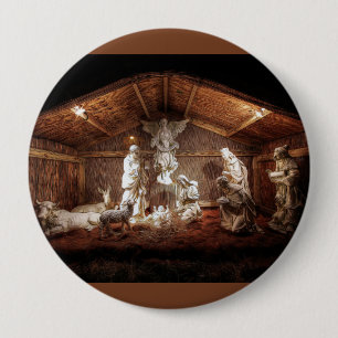 Badge Rond 10 Cm Noël Avent Jésus Nativité Manger Scène