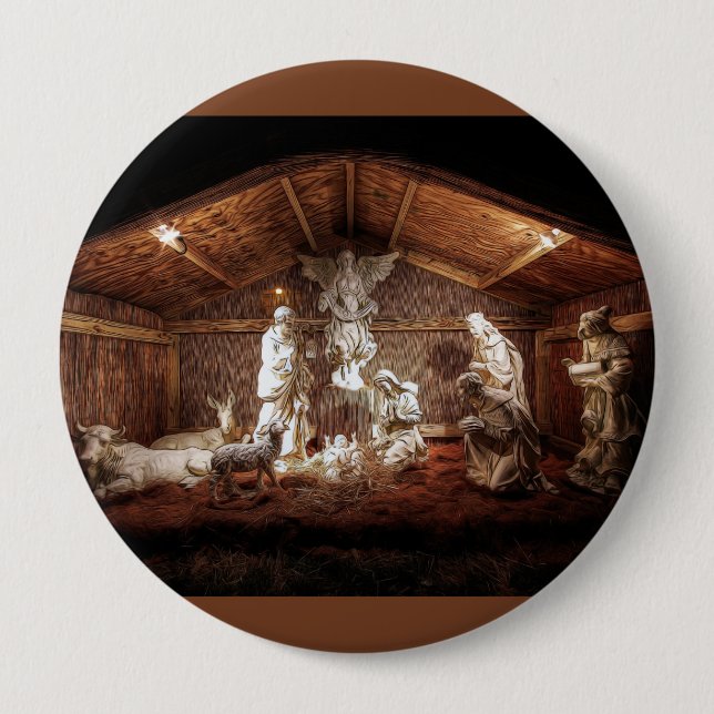Badge Rond 10 Cm Noël Avent Jésus Nativité Manger Scène (Devant)