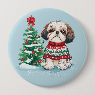 Badge Rond 10 Cm Noël Shih Tzu Père Noël Chien