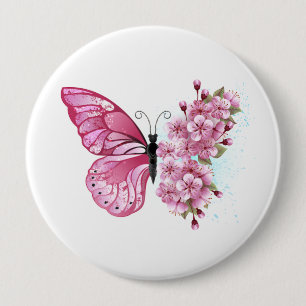 Badge Rond 10 Cm Papillon de fleur avec Sakura rose