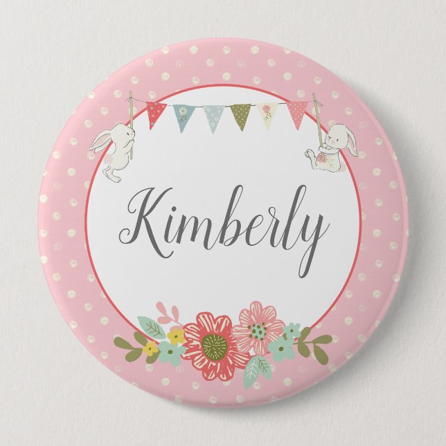 Badge Rond 10 Cm Pâques rose Nom du panier (Devant)