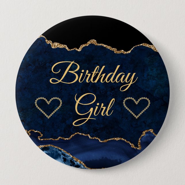 Badge Rond 10 Cm Parties scintillant Bleu & Or Marbre Agate Anniver (Devant)