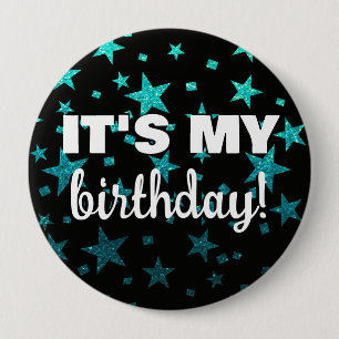Badge Rond 10 Cm Parties scintillant Turquoise Stars Confetti C'est