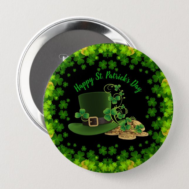 Badge Rond 10 Cm Pièces d'or et Shamrock Saint Patrick's Day (Devant & derrière)