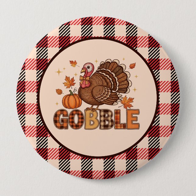 Badge Rond 10 Cm Plaid & Whimsy – Festive Thanksgiving Turkey (Devant)