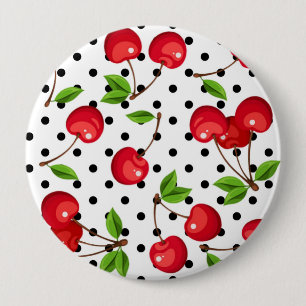 Badge Rond 10 Cm Pois Rockabilly Cherries en blanc