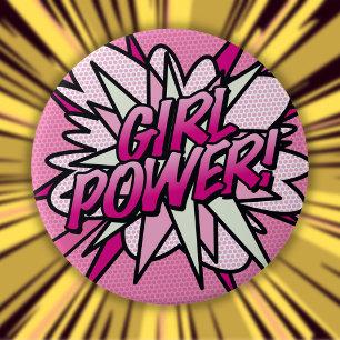 Badge Rond 10 Cm POUVOIR DES FILLES Rose amusant Bande dessinée Pop