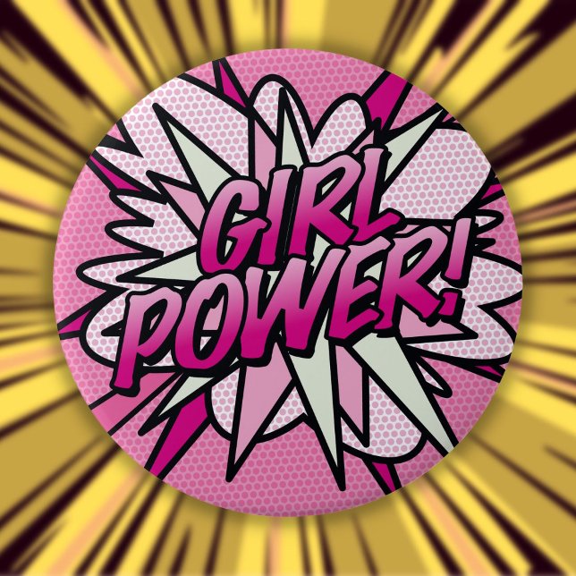 Badge Rond 10 Cm POUVOIR DES FILLES Rose amusant Bande dessinée Pop (GIRL POWER Fun Pink Comic Book Pop Art Button)