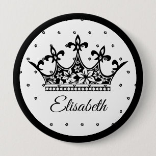 Badge Rond 10 Cm Reine couronne floral noir blanc belle vintage