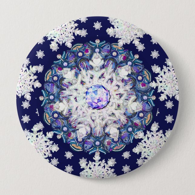 Badge Rond 10 Cm Rosace bleue et flocon de neige (Devant)