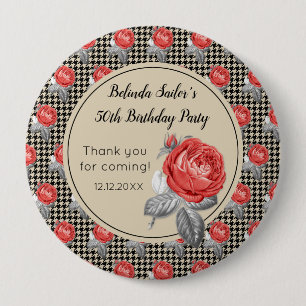 Badge Rond 10 Cm Roses roses et pied-de-poule Joyeux Anniversaire