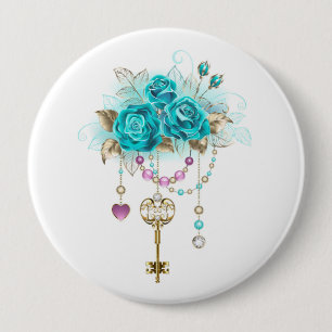 Badge Rond 10 Cm Roses turquoise avec touches
