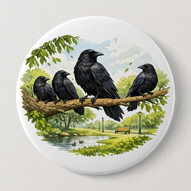 Badge Rond 10 Cm Silent Gathering – Crows on a Park Branch (Devant)