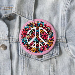 Badge Rond 10 Cm symbole de paix floral couleur illustration art