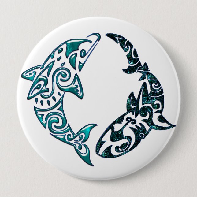 Badge Rond 10 Cm Tatouage tribal de dauphin et de requin (Devant)