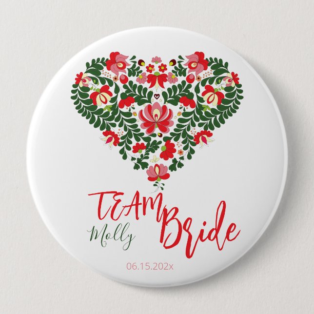 Badge Rond 10 Cm Team Bride Script personnalisé Hongrois Matyo Folk (Devant)