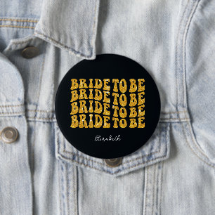 Badge Rond 10 Cm Texte Pailleté Or Future Mariée avec Nom, Noir