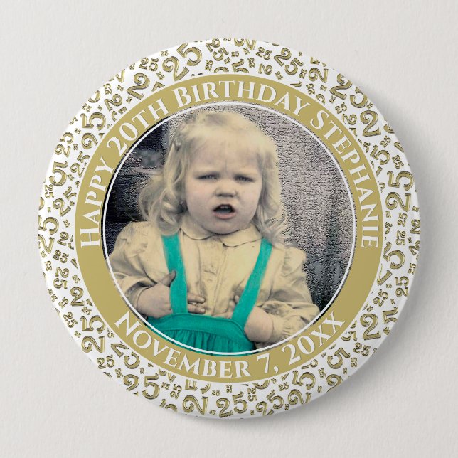 Badge Rond 10 Cm Votre photo 25e anniversaire numéro Motif or/blanc (Devant)