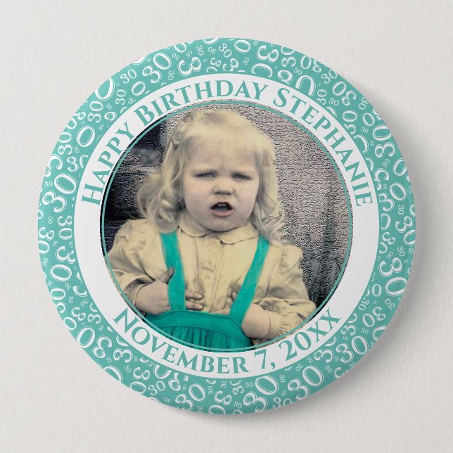 Badge Rond 10 Cm Votre photo 30e anniversaire Numéro Motif | TURQUO (Devant)