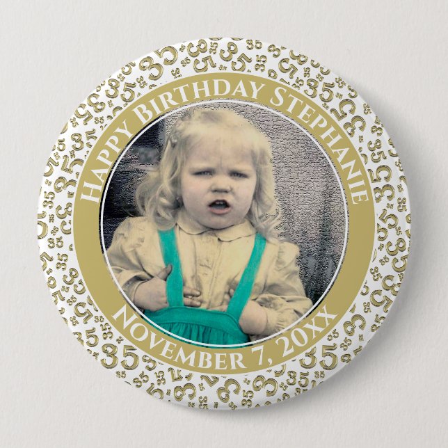 Badge Rond 10 Cm Votre photo 35e anniversaire Numéro Motif | Or (Devant)