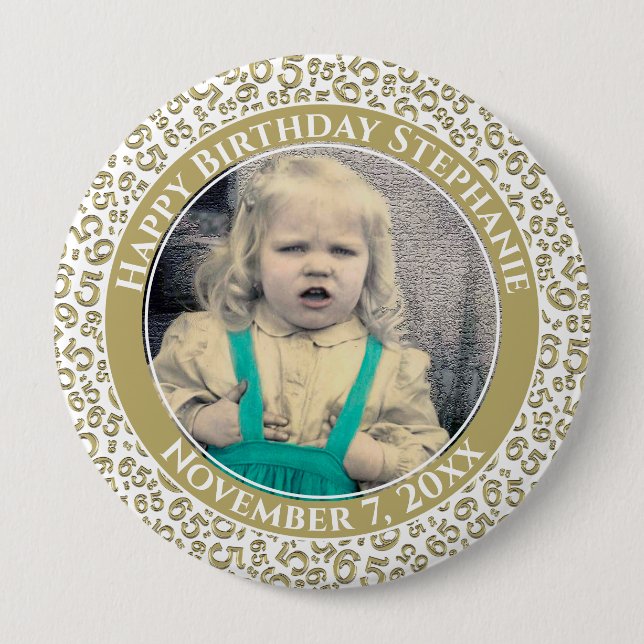 Badge Rond 10 Cm Votre photo 65e anniversaire Numéro Motif | Or (Devant)